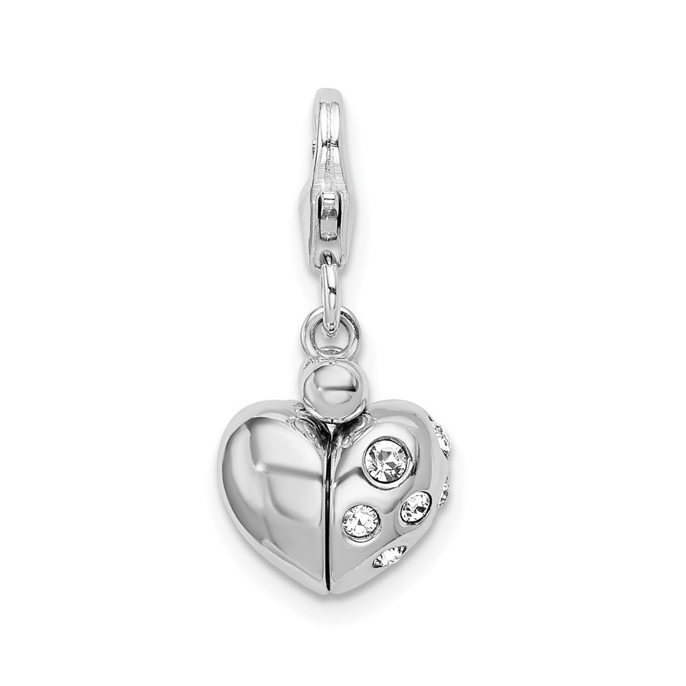 925 Silver 3-D Swarovski Crystals Enameled Heart Opens Bracelet Charm W Clasp